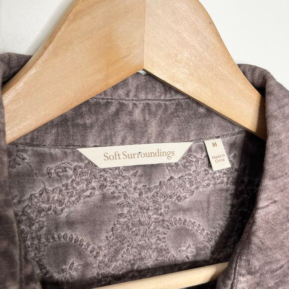 Soft Surroundings Womens Long Sleeve Button Up Shirt M Brown Floral Embroidery - Picture 5 of 8